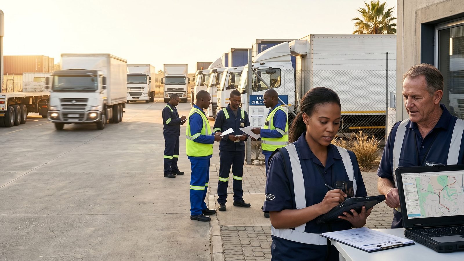 A fleet team with tablets and clipboards at a depot check-in point at first light