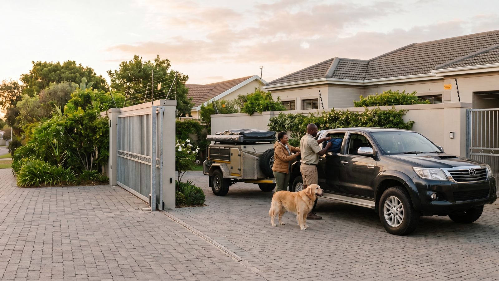 A man with his dog beside a bakkie and off-road trailer outside a suburban South African home at dusk