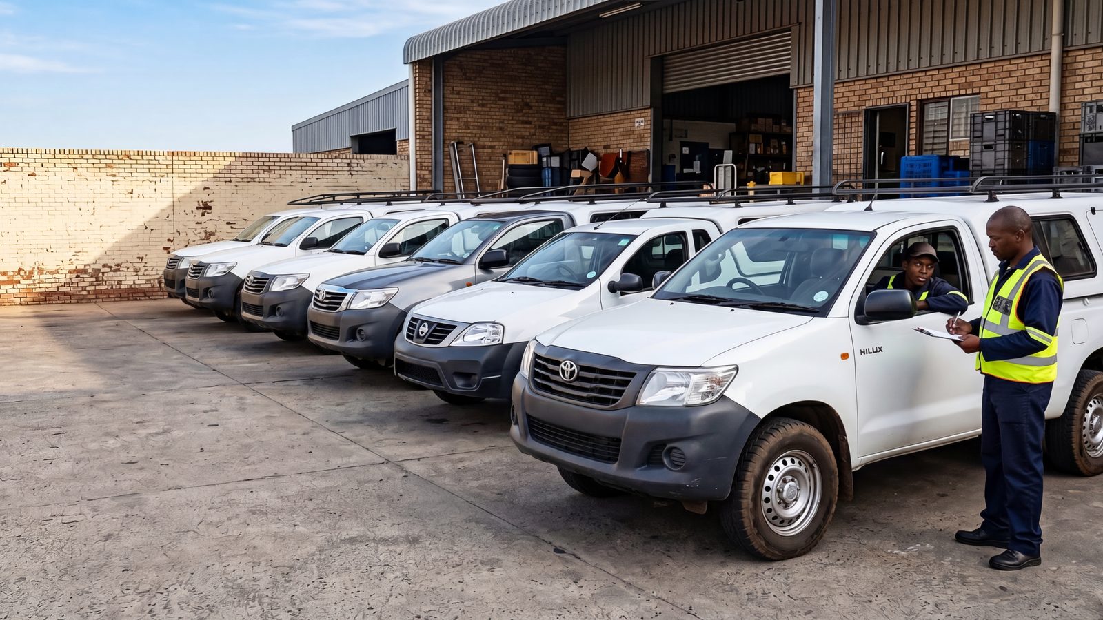 A row of white bakkies in a workshop yard while a supervisor talks to a driver