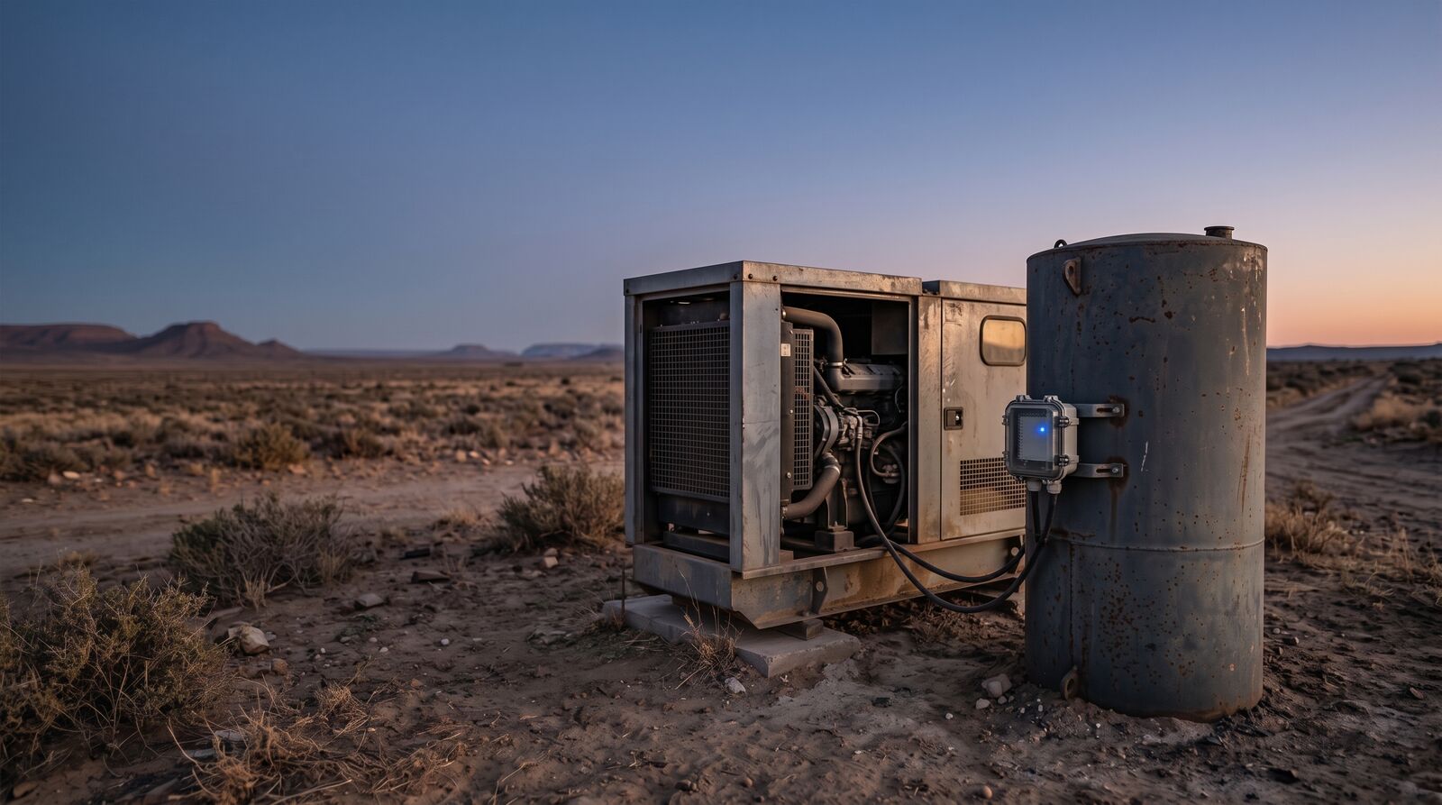 A generator and steel tank standing alone on a remote site at dusk