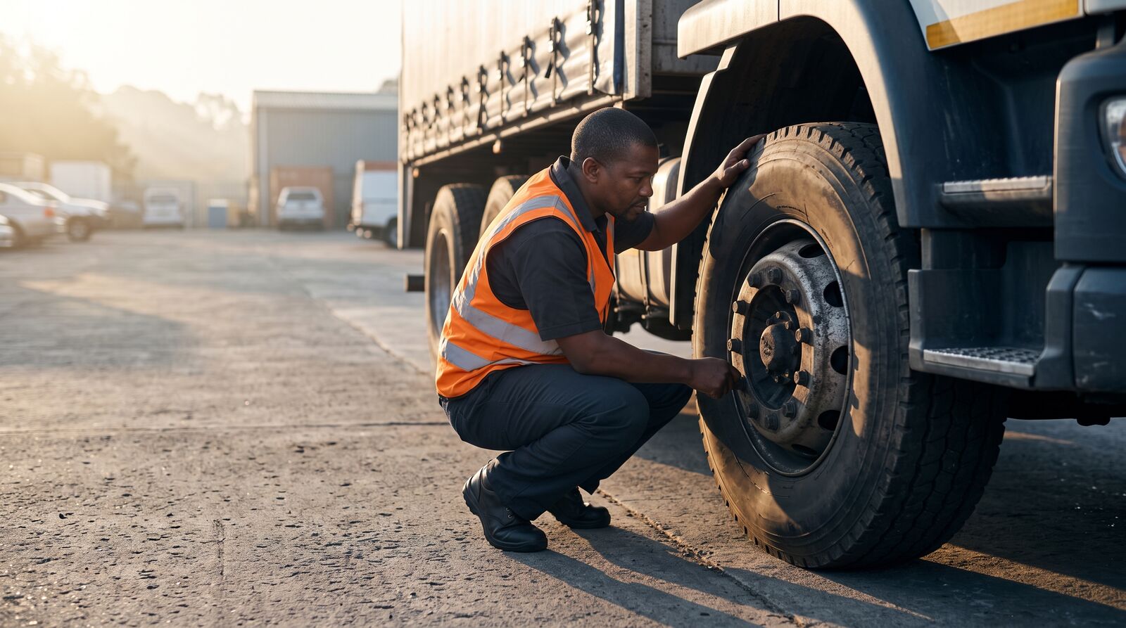 A fleet technician inspecting the wheel of a heavy commercial vehicle at first light