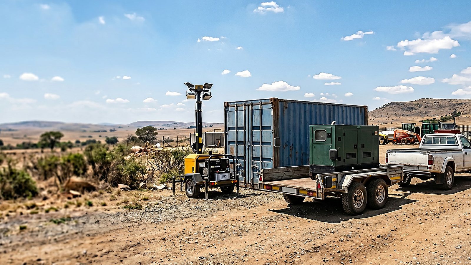 A shipping container, generator, light tower and flatbed trailer on an open site in the veld