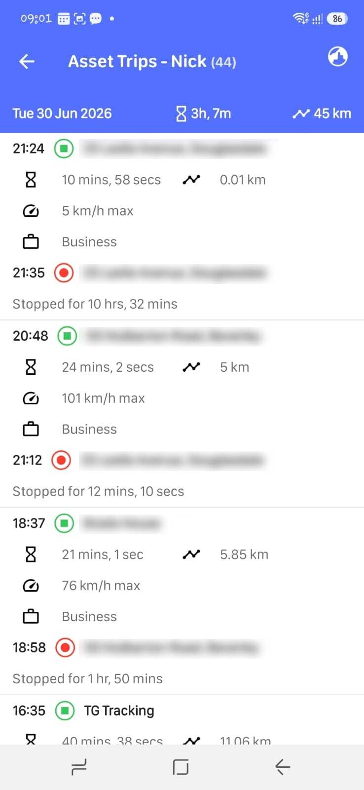 Trip History / Route Review Screen