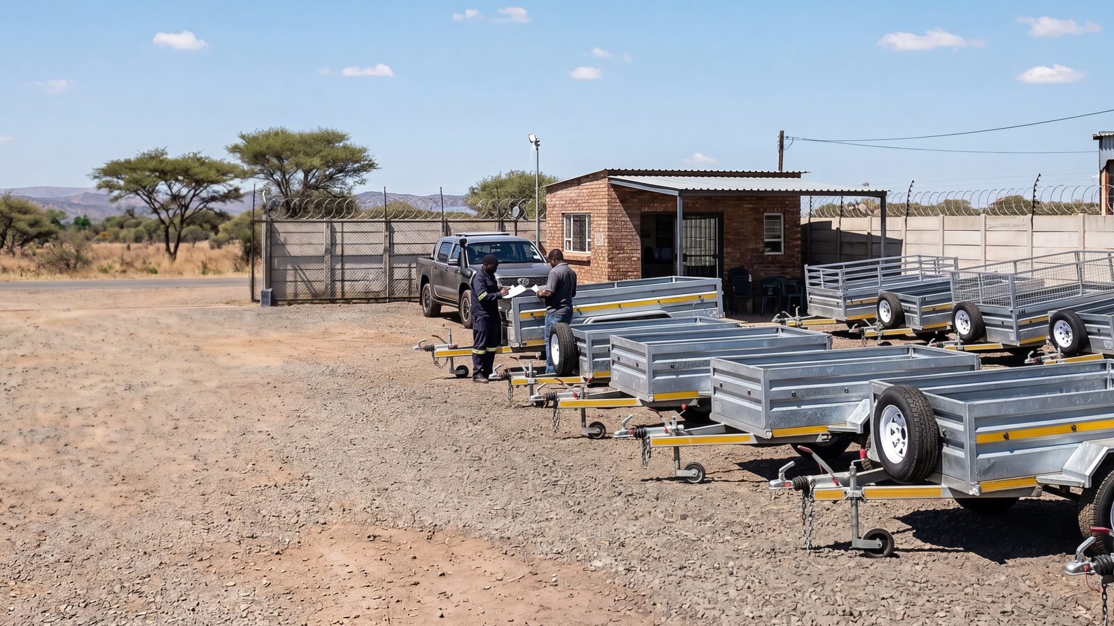 Rows of hire trailers lined up in a rental yard