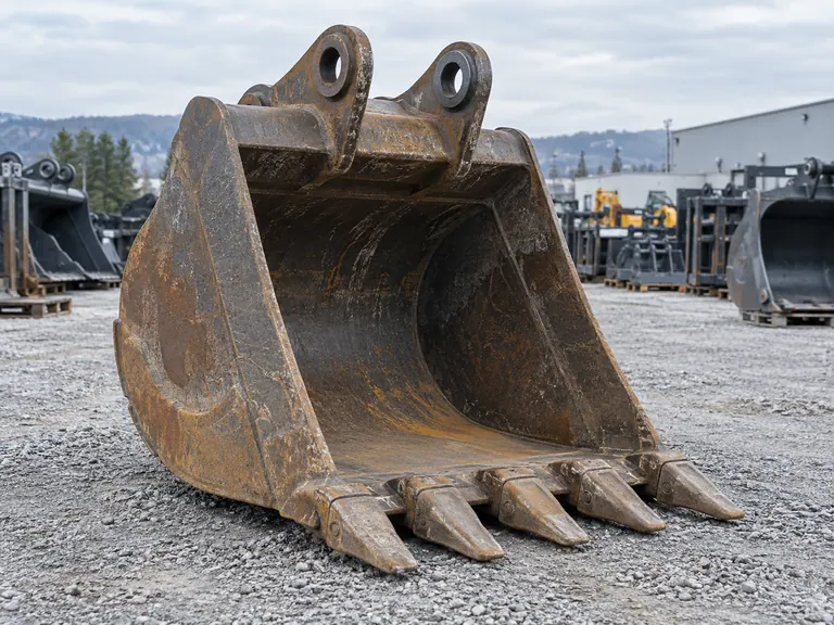 A detached steel excavator bucket with five digging teeth resting in an equipment yard.