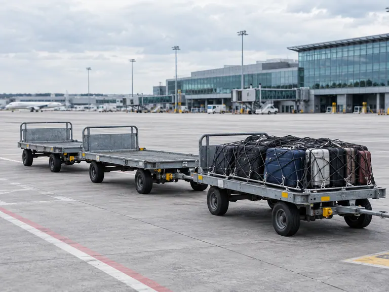 Three linked airport baggage dollies, one carrying luggage secured under a net.