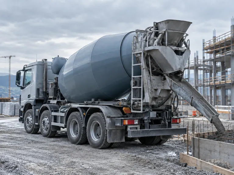 A concrete mixer truck with its rear discharge chute extended at a construction site.