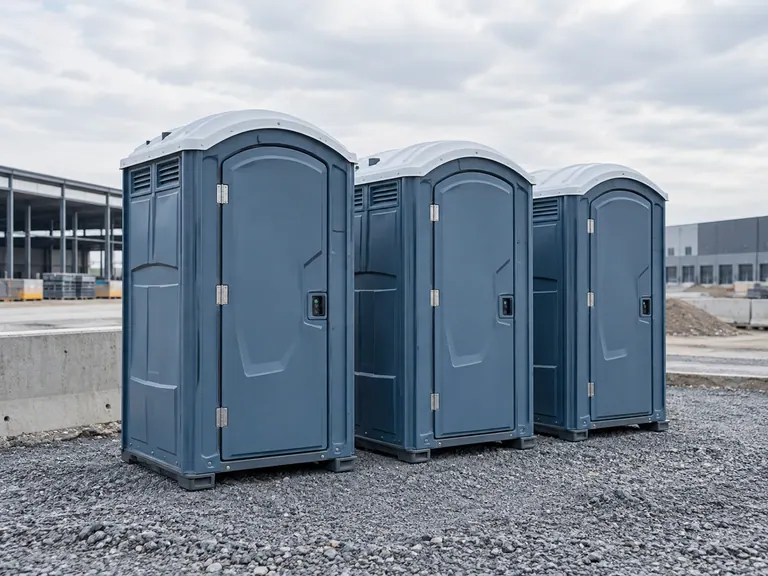 Three blue-grey portable sanitation units at a construction site.